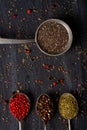 Old metal spoons with different kind of spices on black background Royalty Free Stock Photo