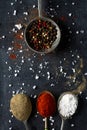 Old metal spoons with different kind of spices on black background Royalty Free Stock Photo