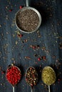 Old metal spoons with different kind of spices on black background Royalty Free Stock Photo