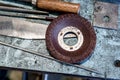 Old metal sterring with tool Royalty Free Stock Photo