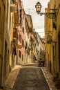 The old, metal, street lamps mounted on colorful tiled buildings in Lisbon, Portugal Royalty Free Stock Photo