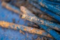 Metal stud, fasteOld metal studs covered in rust, close-up, selective focus.ning part, rust Royalty Free Stock Photo