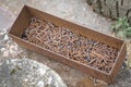 Old metal tray with rusty nails Royalty Free Stock Photo