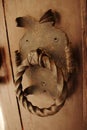 Old metal twisted ring door knocker on brown wooden door Royalty Free Stock Photo