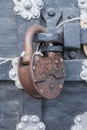 The old metal wrought-iron door is locked with a padlock. Closed metal lock. Royalty Free Stock Photo