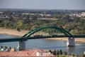 Old metallic green bridge over River Sava, made in 1884, destroyed during 1st world war, renovated in 1921 year, in Belgrade, capi