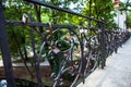 Old metallic handrail close-up photo