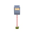 Old metallic postbox hanging on striped pole. Cartoon illustration of blue mailbox on piece of green grass. Colorful