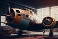 Old military airplane in the hangar.generative ai Royalty Free Stock Photo