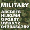 Old military alphabet, bold letters and numbers on army green camouflage background. Stencil vector font