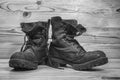 Old military boots in black and white. Royalty Free Stock Photo