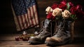 Old military combat boots on a wooden table with the American flag background. AI Generated. Royalty Free Stock Photo