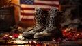 Old military combat boots on a wooden table with the American flag background. AI Generated. Royalty Free Stock Photo