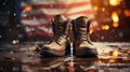 Old military combat boots on a wooden table with the American flag background. AI Generated. Royalty Free Stock Photo