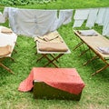 An old military field hospital with retro tents and vintage medical beds from the First World War. Mobile clinic for the treatment Royalty Free Stock Photo