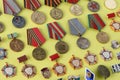 Military medals. Collection set of different soviet medal for participation in the Second World War Royalty Free Stock Photo