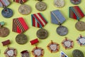 Military medals. Collection set of different soviet medal for participation in the Second World War Royalty Free Stock Photo