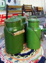 Old milk cans enameled Soviet times Royalty Free Stock Photo