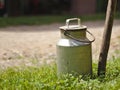 An old milk churn standing outside on the grass next to a stick Royalty Free Stock Photo
