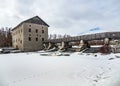 Old Mill at the dam in winter Royalty Free Stock Photo