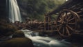 old mill in the forest Steam punk waterfall of energy, with a landscape of metal pipes and wires, with a Ban Gioc waterfall