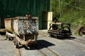Old mine carts trolley on narrow gauge railway. Royalty Free Stock Photo