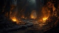 Old mine tunnel, abandoned underground passage with candles and rocks. Entrance to catacomb in mountain, inside subterranean cave Royalty Free Stock Photo