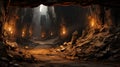 Old mine tunnel with road and lights, abandoned underground passage. Entrance to catacomb in mountain, inside subterranean cave.