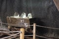 Old mine wagon with illuminated salt stones in Turda salt mine, Romania Royalty Free Stock Photo