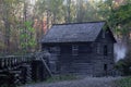 Old Mingus Mill in the Great Smoky Mountains with sluice coming up along the left side, autumn leaves Royalty Free Stock Photo