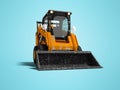 Old mini excavator with scratches on the body with bucket in front 3d render on blue background with shadow