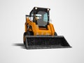 Old mini excavator with scratches on the body with bucket in front 3d render on gray background with shadow