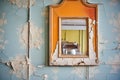 an old mirror hanging askew on a peeling wallpaper wall