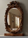 An old mirror in a wooden frame. Hanging on the wall. Royalty Free Stock Photo