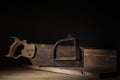 Old Miter box and backsaw close up with selective lighting Royalty Free Stock Photo