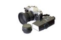 An old model analog camera with extender and flash Royalty Free Stock Photo