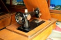 An old model of sewing machine on wood table