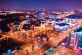 Old and modern architecture illuminated in Minsk, aerial view Royalty Free Stock Photo