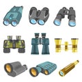 Old and modern binoculars cartoon illustrations set