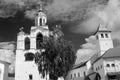 Old monastery. Black and white photo.