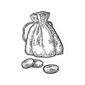 Old money bag with coins. Vintage black vector engraving Royalty Free Stock Photo
