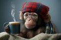 Old monkey who is cold drinking a cup of tea.