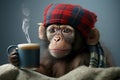 Old monkey who is cold drinking a cup of tea. Royalty Free Stock Photo
