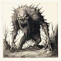 Antique Woodcut Engraving Of Frightening Post-apocalyptic Monster
