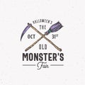 Old Monsters Fair Vintage Style Halloween Logo or Label Template. Colored Hand Drawn Crossed Scythe and Broom Sketch