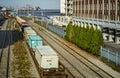 Old Montreal scene of condo  trains boats beside the Saint Lawence seaway Royalty Free Stock Photo