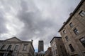 Panorama of the stone buildings of Old Montreal with a modern skyscraper taken from a nearby street. Royalty Free Stock Photo