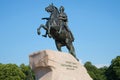 The old Monument to Peter the Great bronze horseman closeup on blue sky background. Saint Petersburg, Russia Royalty Free Stock Photo