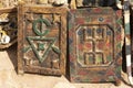 Old Moroccan colorful carved interior wooden doors in street trade in Morocco