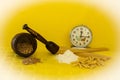 old mortar with wheat, flour, dough and vintage clock. Old memories of yesteryear